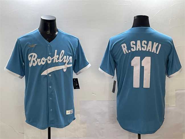 Men%27s Los Angeles Dodgers #11 Roki Sasaki Blue Throwback Stitched Jersey